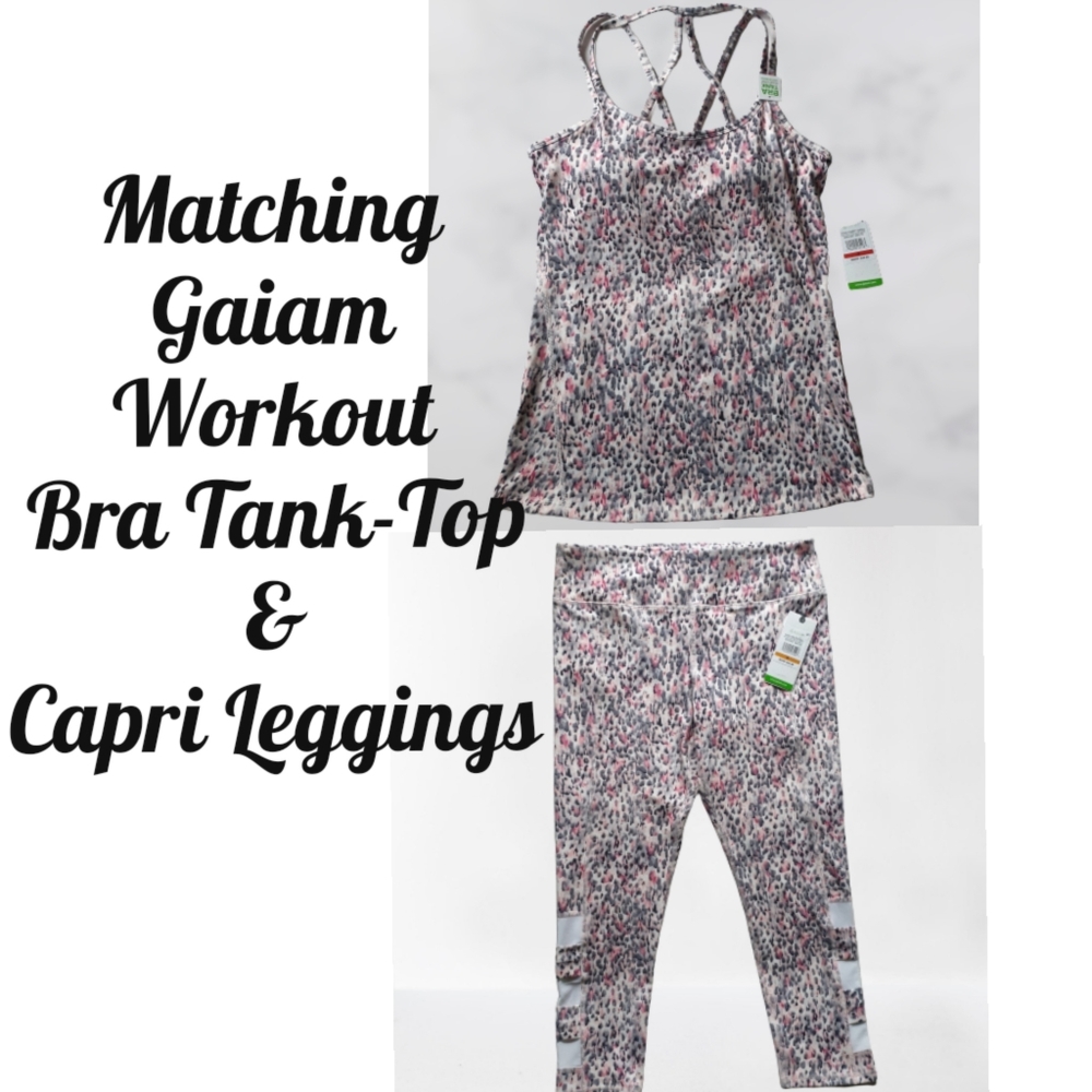 Gaiam Claire Print Matching Active Lana Bra Tank S & Whitney Capri Leggings MD